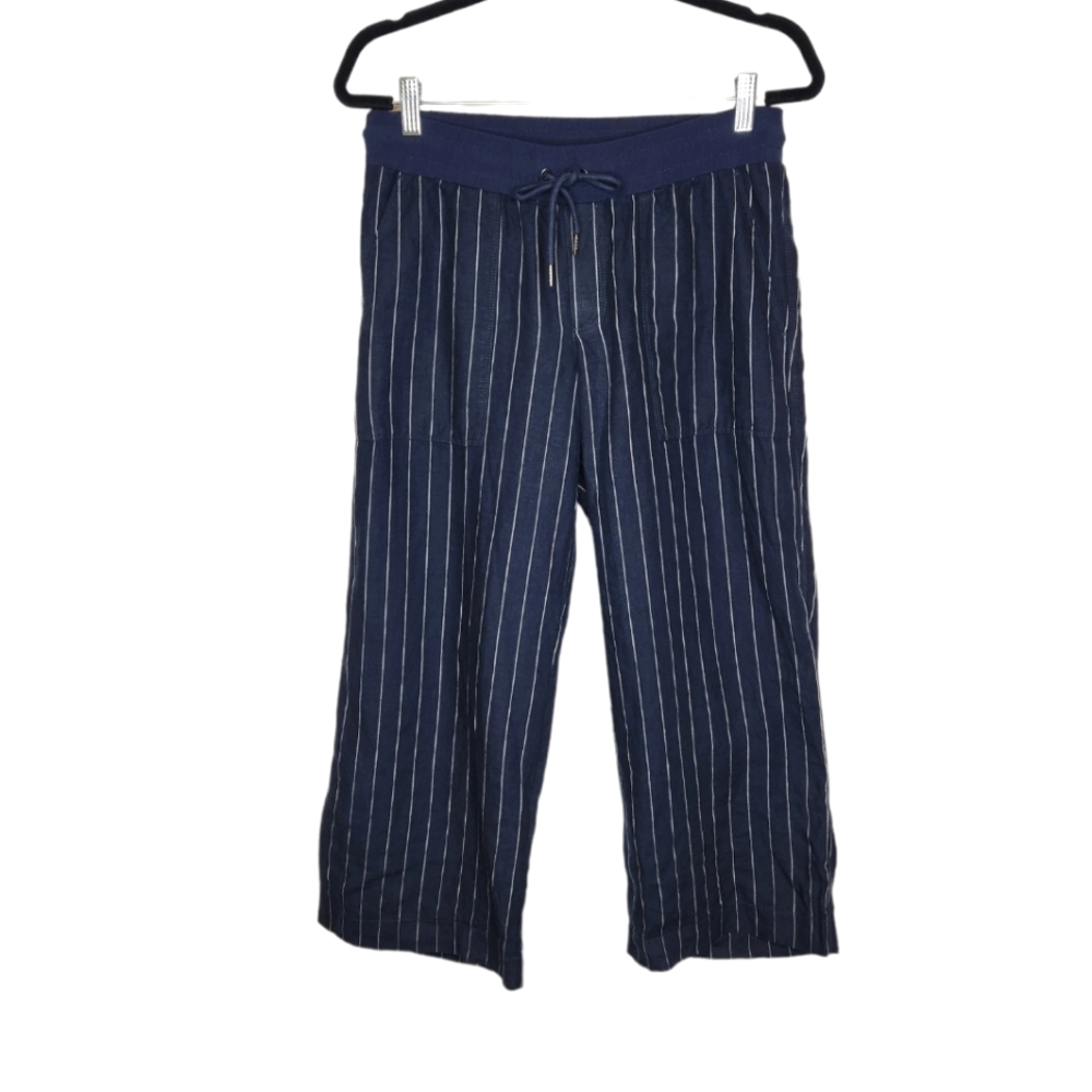 Athleta Bali Linen Cropped Wide Leg Navy Striped Pull-On Pants